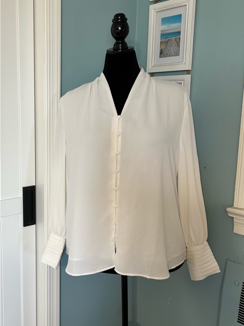 Chico’s 3P Ivory Button Front Blouse Pleated Cuff Long Sleeve Elegant Top XL 16